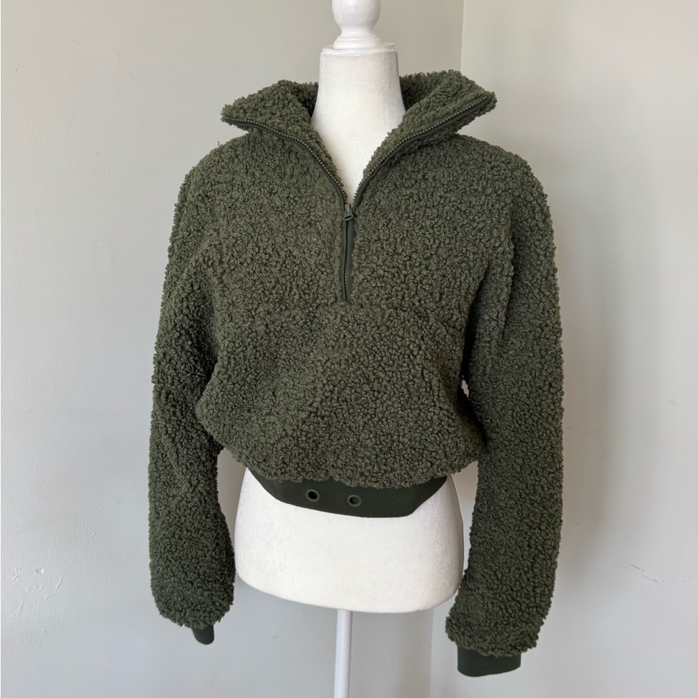 NWT For Love and Lemons Sherpa Green Cropped 1/2 Zip Heavy Thick Size Large